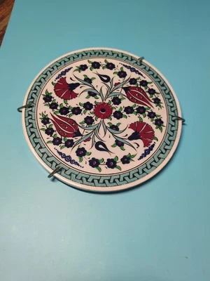 Trivet Turkish Handmade Ceramic Hot Plate Blue Red Flowers - Image 1 of 3