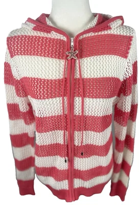 Quacker Factory Pink White Striped Open Knit Hooded Zip Up Beach Cover Up M - Image 1 of 4