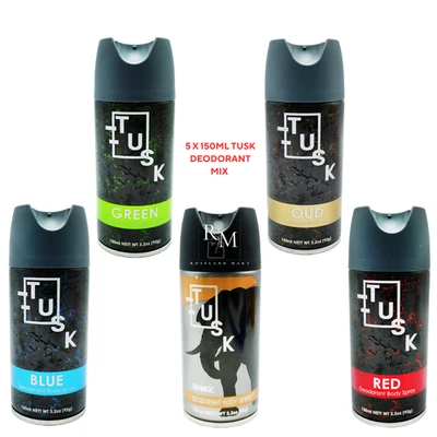 5 x 150ml TUSK Deodorant Body Spray Mix Scent Men Blue, Orange, Green, Oud, Red