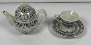 Tea Pot & Tea Cup Music Notes Themed Porcelain Gold Accents Set Of 2 - Picture 1 of 7