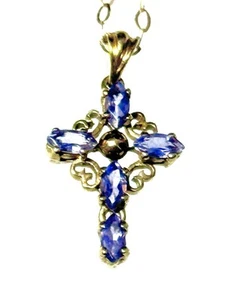 Bejewelled Tanzanite Gold Cross Pendant & Chain - Picture 1 of 5