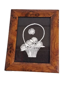 Vtg. Thread Ebroidery Floral Basket Granny Core Framed 4 1/4" x 5  1/2" Picture - Picture 1 of 4