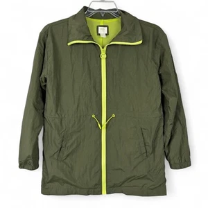 Forever 21 Girls Full Zip Jacket Windbreaker Size 13/14 Olive Green Neon Lining - Picture 1 of 11