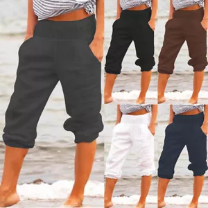 Womens Bottoms 3/4 Shorts Trousers Wide Pocket Loose Cotton Linen Pants Summer - Picture 1 of 18