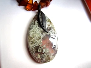 Bernsteinkette mit großem Dendritenopal - Anhänger - Bild 1 von 4