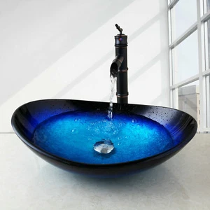 Rubinetto lavabo da banco vassoio lavabo vetro blu ovale rubinetto miscelatore nero - Foto 1 di 10