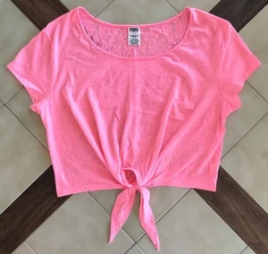 Victoria's Secret PINK Hot Pink Oversized Cropped Top w/ Front Tie, Lace Back, S - Picture 1 of 4