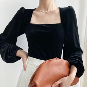 Womens Velvet Square Neck Long Puff Sleeves Shirt Elegant Blouse Short Tops Tee - Picture 1 of 7