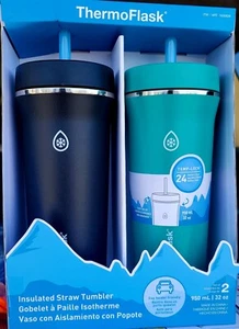 ThermoFlask 24oz Stainless Steel Insulated Water Bottles, 2-pack Black and Green - Picture 1 of 2