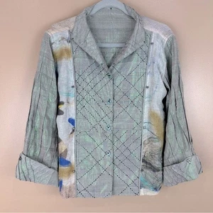 Nadya Handmade Linen Beaded Reversible Artsy Art To Wear Jacket Large Whimsical - Picture 1 of 15