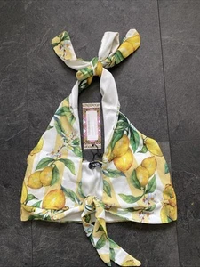 Boohoo~ Lemon Print Halter neck Tie Front Bra Crop Top~ Size 8 NWT - Picture 1 of 3