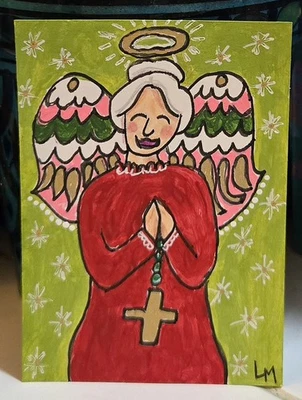 ACEO Original Arte Pintura Abuela Navidad Folk Angel Mujer ÚNICO ATC Mini  Foto 1 de 4