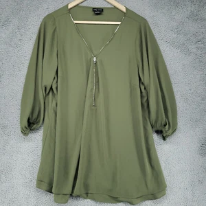 City Chic Solid 3/4 Sleeve Zip-Front Tunic Blouse Women Sz S/16 Green Polyester - Picture 1 of 24