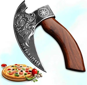 Handcrafted Viking Pizza Cutter Axe - Engraved Stainless Steel Head, Wood Handle - Picture 1 of 5