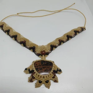 Brown Macrame Necklace Mahagony Obsidian Stone Beaded Woven Tie Closure - Picture 1 of 3