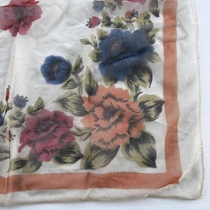 Vintage Semi Sheer Scarf Floral Rust Blue Cream 28" x 27" Mid Century Fashion - Picture 1 of 4