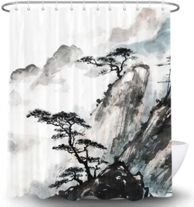 Juego de alfombras y cortinas de ducha artísticas japonesas de tela de 70-84 pulgadas de largo - Imagen 1 de 8