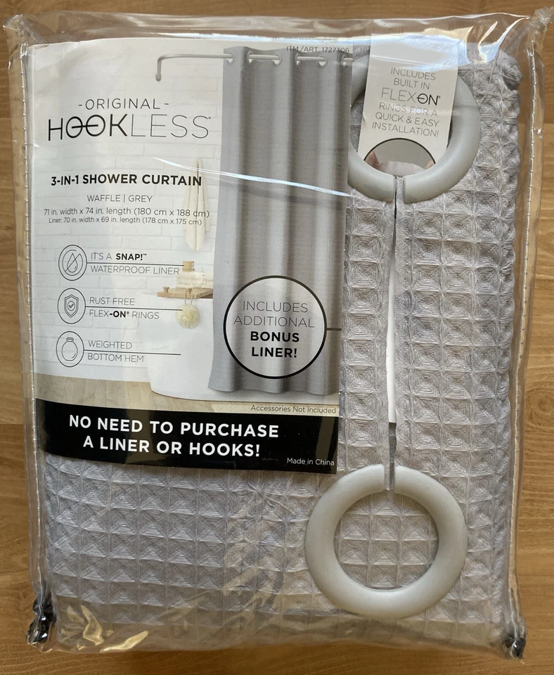 Original Hookless 3-in-1 Shower Curtain complete solution includes WAFFLEGREY