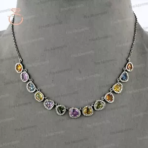 Collana multi zaffiro naturale argento massiccio 925 pavè di diamanti gioielli donna - Foto 1 di 6