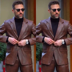 Esmoquin marrón imitación cuero para hombres trajes formales noche fiesta negocios trabajo hombres - Imagen 1 de 6
