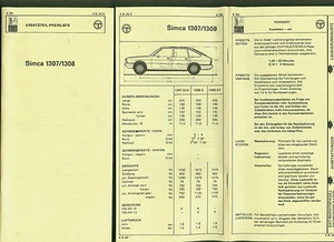 Simca 1307 1308 DAT documentos piezas de repuesto equipamiento lista de precios 1980 - Imagen 1 de 1
