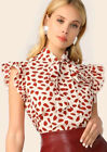 Ladies all red print pussybow tie neck butterfly sleeve blouse. New size 14/16