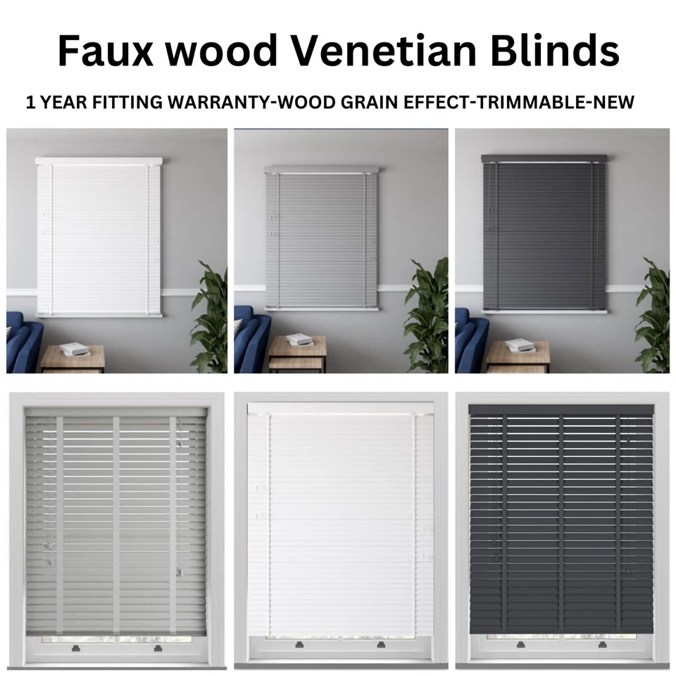 FAUX WOOD VENETIAN BLINDS 50MM WHITE WOOD WOODEN WINDOW BLIND EASY FIT TRIMMABLE - Image 1 of 4