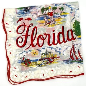 Vintage Retro Ladies Hankie Handkerchief Scalloped Edges Florida State Map - Picture 1 of 4