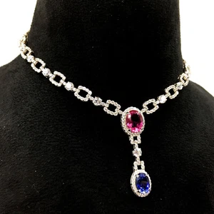 Stunning Square Link Royal Style Multi Color Gemstones Wedding Women's Necklace - Picture 1 of 11