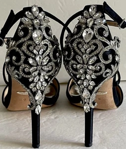 Badgley  Mischka Black Satin Rhinestones Heels Stiletto sz 6~Beautiful - Picture 1 of 12