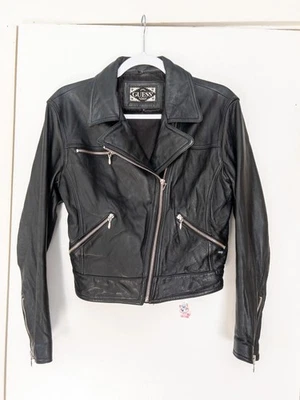 Chaqueta de motociclista clásica de cuero negra vintage años 90 Moto Wilson para mujer Foto 1 de 4