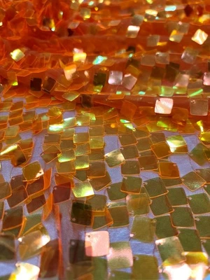 Orange Sequins Fabric Sold By The Yard Geometric Square Iridescent Paillete Mesh - Image 1 of 4