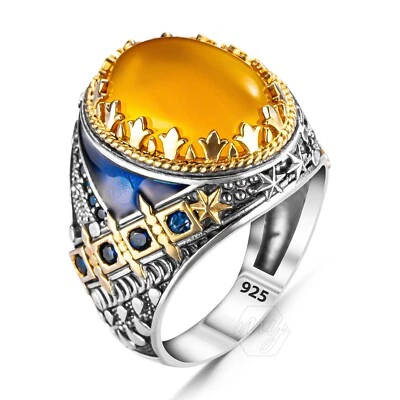 925 Sterling Silver Blue Enameled Oval Yellow Agate Stone Turkish Men's Ring - Image 1 of 3