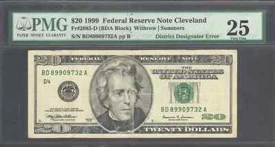 $20 1999 FRN, Fr. 2086-D  SCARCE Engraving Error  District Designator PMG VF 25 - Image 1 of 3