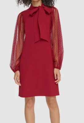 Vince Camuto Women's Red Tie-Neck Flocked Mesh-Sleeve Dress Petite Size 0P - Image 1 of 2