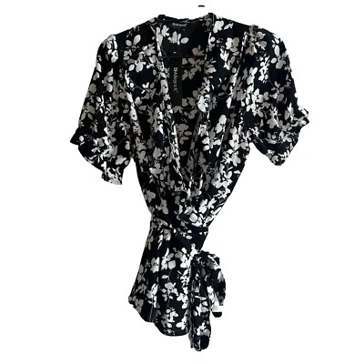 Allegra K Women's Floral V Neck Short Sleeves Peplum Blouse Large Black White - Image 1 of 4
