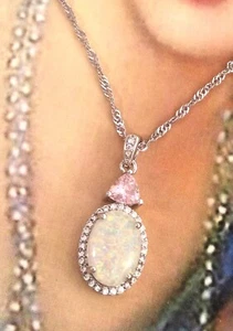 Vintage Jewellery Gold Necklace Opal Pink Kunzite White Sapphire Antique Jewelry - Picture 1 of 8