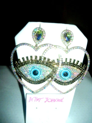 Big Brown + Blue Pave Crystal EVIL EYE HEART Betsey Johnson Pierced EARRINGS-NWT - Image 1 of 4