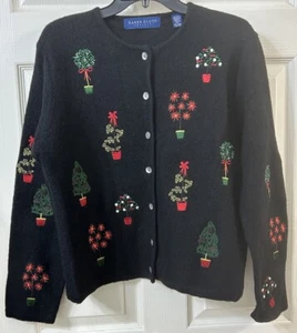 Vintage Karen Scott schwarze Wolle Strickjacke Pullover Größe PL Weihnachten Topiaries gebraucht, in einwandfreiem Zustand - Bild 1 von 17
