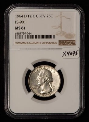 1964-D 25c Washington Quarter - FS-901 Type-C Rev of 65 - NGC MS 61 - X4075 - Image 1 of 4