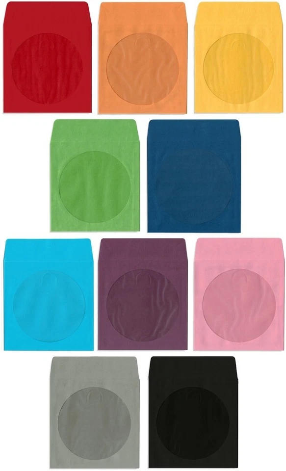 200-Pak =COLORED= Paper CD/DVD Sleeves with Window & Flap, 10 Colors Available!