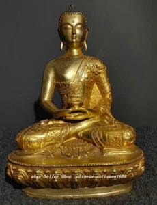 11''Old Tibet Bronze Gilt Lotus Shakyamuni Sakyamuni Amitabha Buddha Bowl Statue - Picture 1 of 9