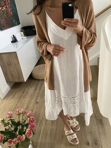 Kleid Lang Leinen Weiß 36 38 40 42 S M L NEU Trägerkleid Träger - Bild 1 von 2