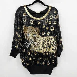 Vintage Simply Tops Sequin Embellished Cheetah Blouse Beaded Silk Lining Sz M/L - Picture 1 of 9