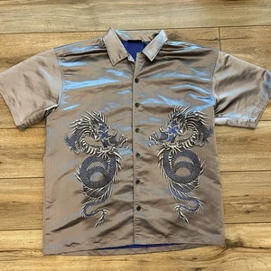 Camisa discoteca vintage Y2K ODO dragón bordada rayón plateada abotonada para hombre XL 2001 - Imagen 1 de 8
