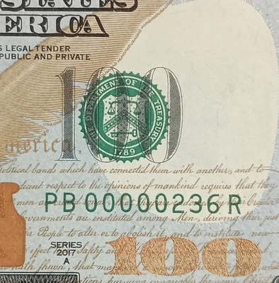 PB00000236R $100 bajo lujo número de serie 5 en fila líder 0s cien 2017A Foto 1 de 3