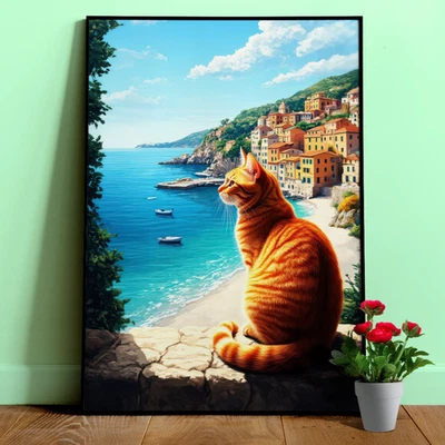 Orange Cat Poster – Mediterranean Wall Art, Italy Coast Print, Ginger Cat Paint - Image 1 of 4