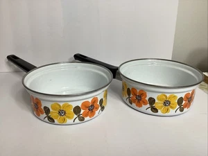 Vintage (2) Austria Email Enamelware Sauce Pans MCM Retro Flowers 70s - Picture 1 of 10