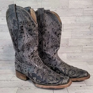 Women's 10 Corral Western Black Snakeskin Leather Inlay Square Toe Cowboy Boots - Picture 1 of 9