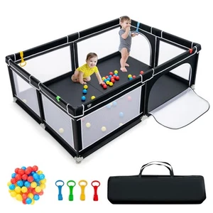 Babyjoy Baby Playpen Extra-Large Safety Baby Fence w/ Ocean Balls & Rings Black - Picture 1 of 10